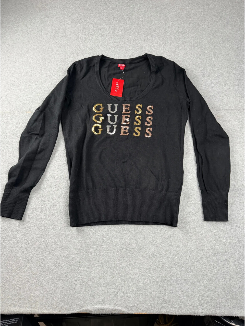 Guess Womens Lane Repeat Logo Sweater XL Black Sequin Pullover NWT